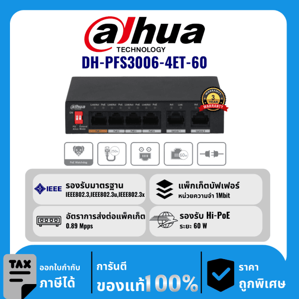 Dahua สวิตช์  4 พอร์ตมาพร้อม POE 2 พอร์ต รุ่น DH-PFS3006-4ET-60