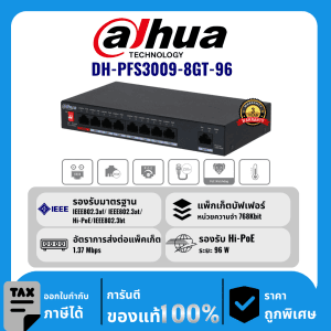 Dahua สวิตช์ 9 พอร์ตพร้อม PoE 8 พอร์ต รุ่น DH-PFS3009-8GT-96