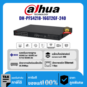 Dahua สวิตช์ 16 พอร์ต PoE รุ่น DH-PFS4218-16GT2GF-240