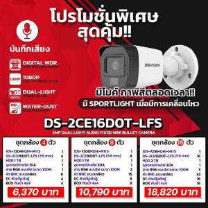 ชุดกล้องวงจรปิด 4 ตัว Hikvision อนาลอค 2 ล้านพิกเซล